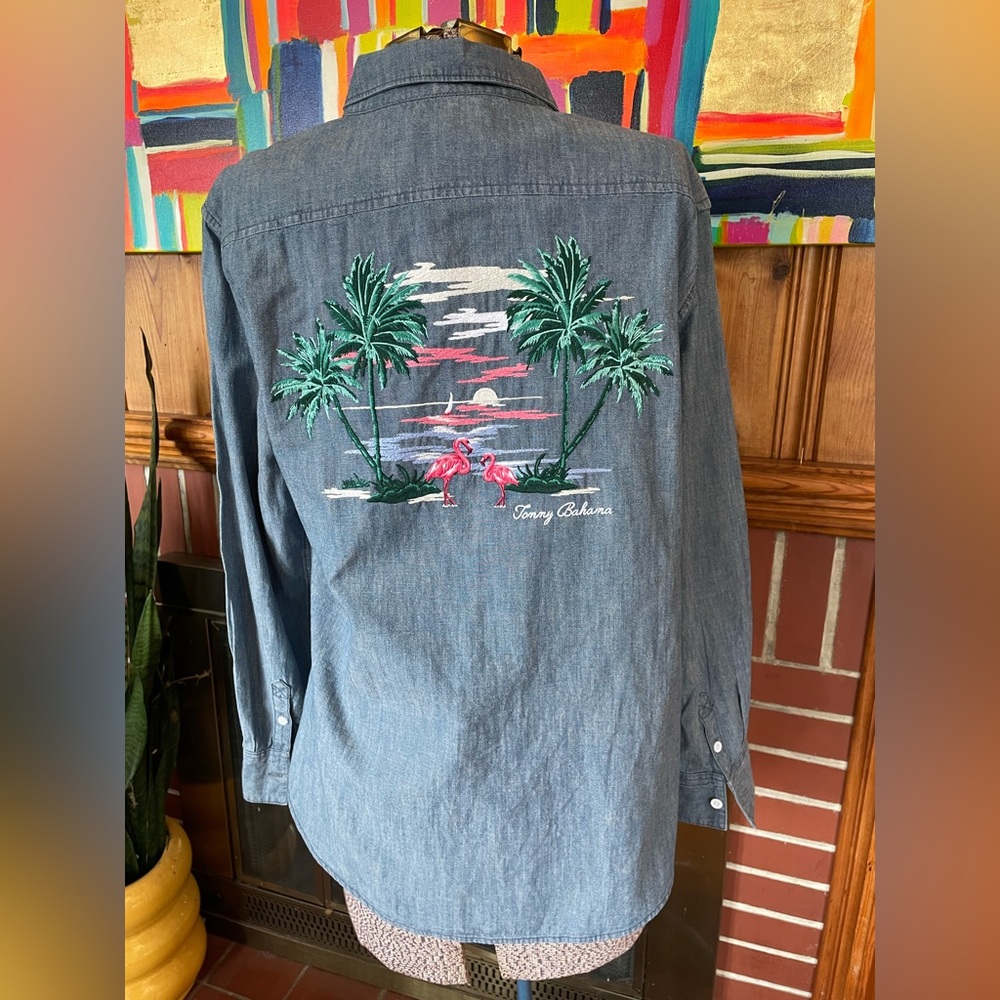 Tommy Bahama Flamingo Embroidered Denim Button Down Shirt